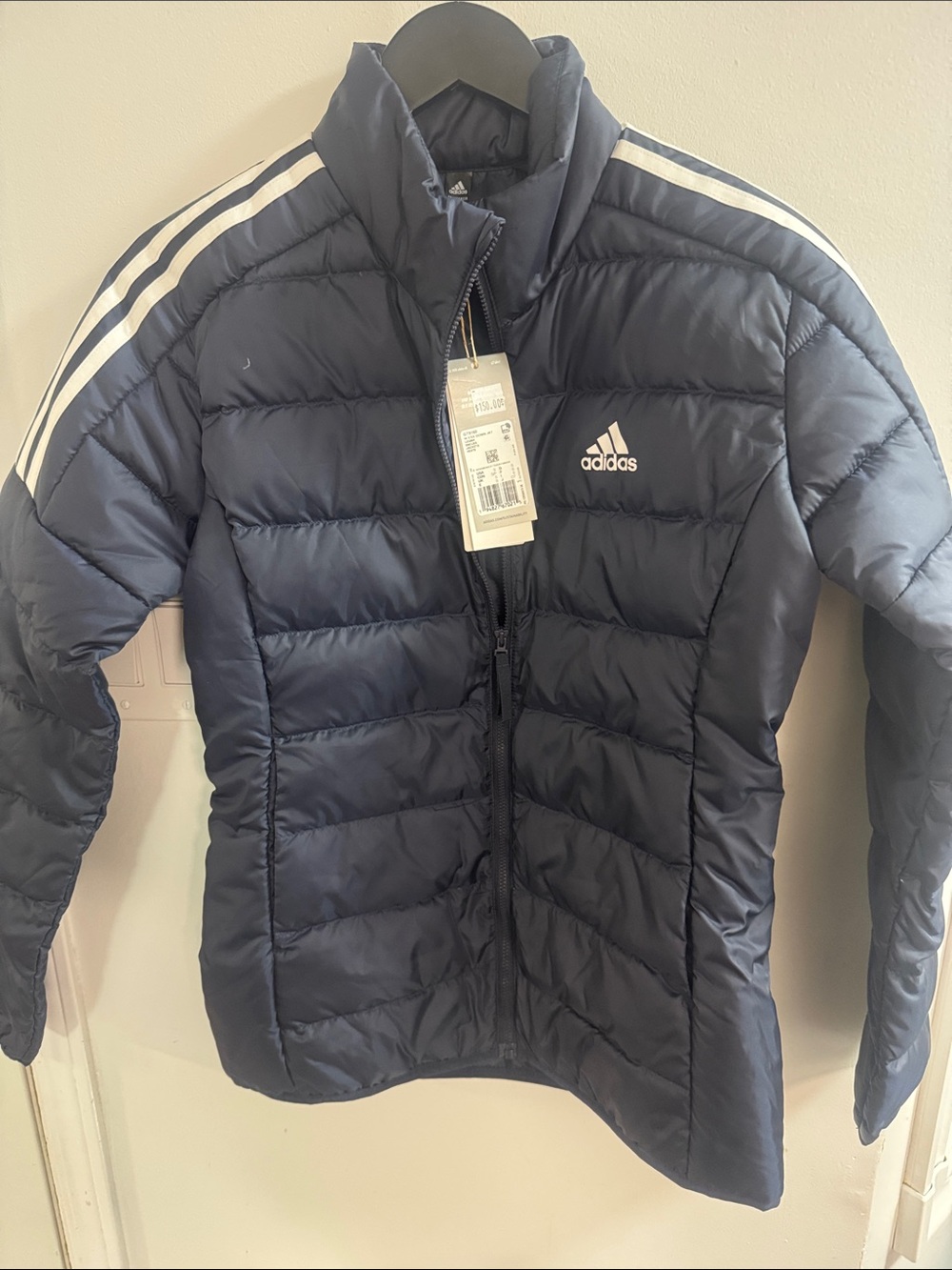 adidas Navy Puffer Jacket with White Shoulder Stripes - Kids